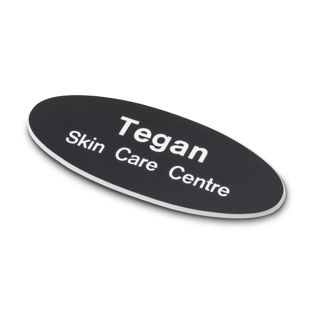 Personalised Engraved School Student Office Name Badge Oval Magnetic Black/White