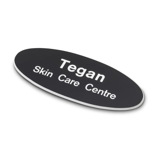 Personalised Engraved School Student Office Name Badge Oval Magnetic Black/White