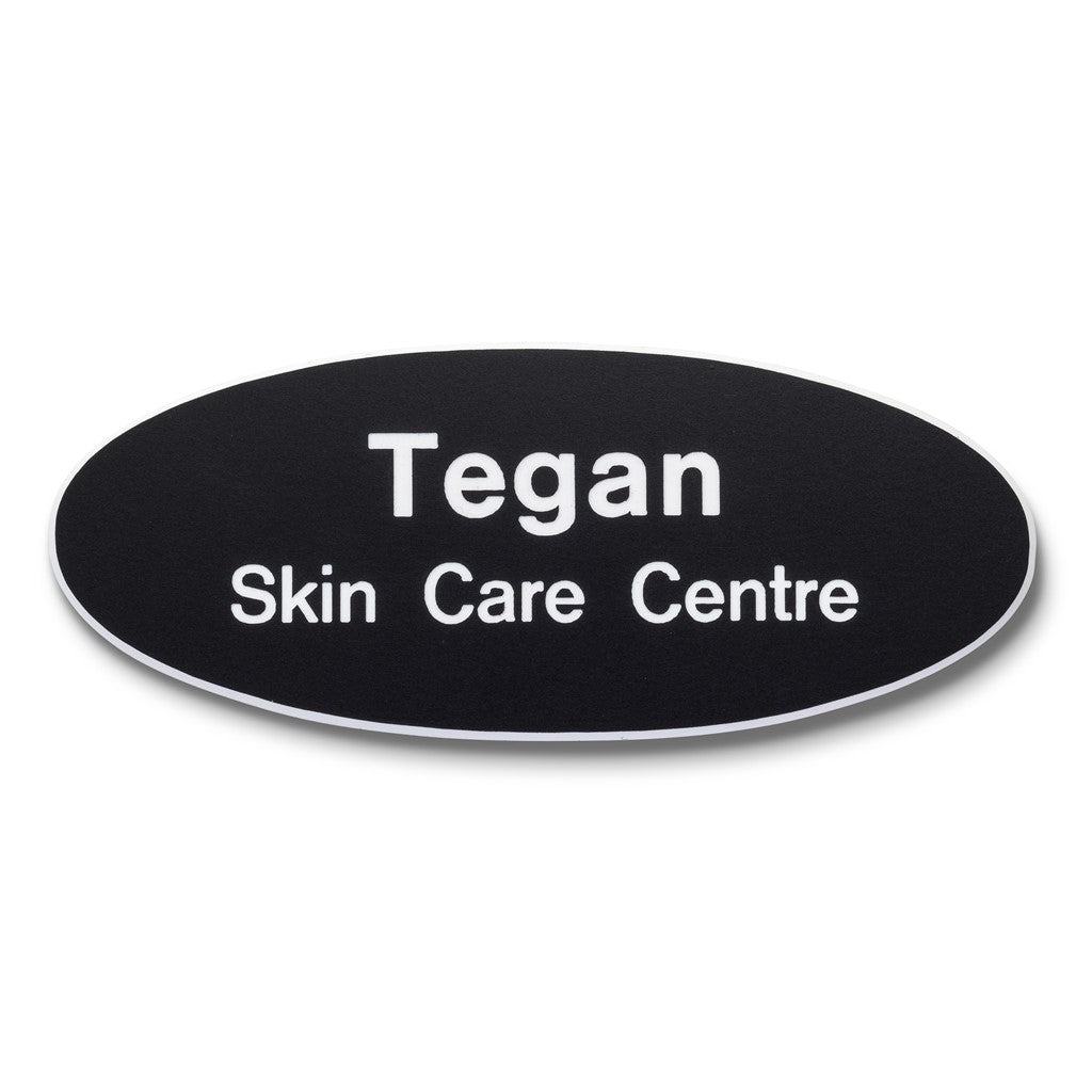 Personalised Engraved School Student Office Name Badge Oval Pin Black/White