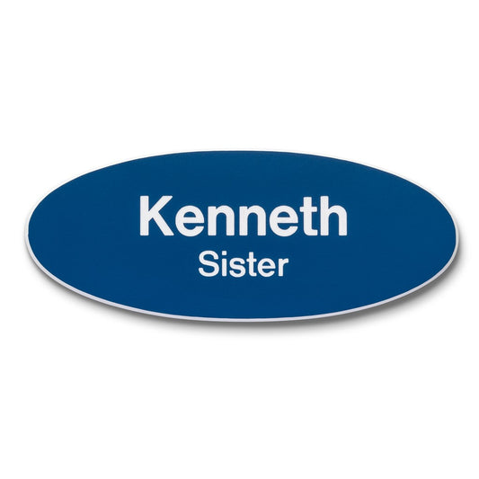 Personalised Engraved School Student Office Name Badge Oval Magnetic Blue/White