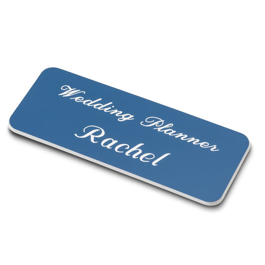 Personalised Engraved School Student Office Name Badge Pin Blue/White