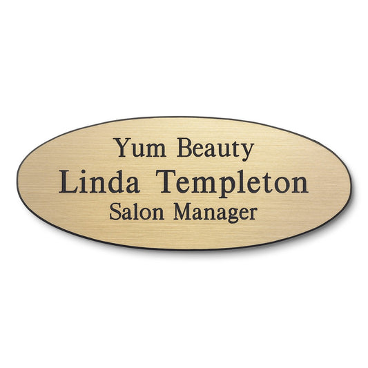 Personalised Engraved School Student Office Name Badge Oval Magnetic Gold/Black