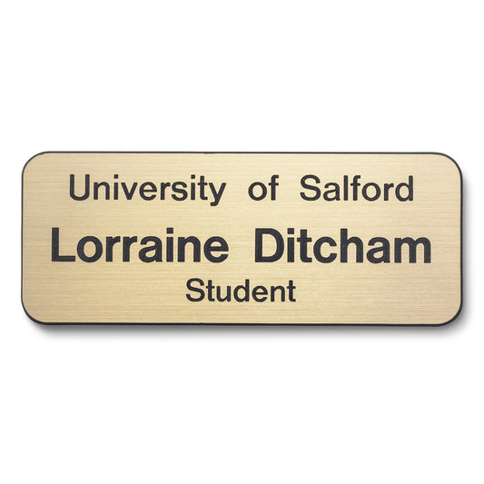 Personalised Engraved School Student Office Name Badge Pin Gold/Black