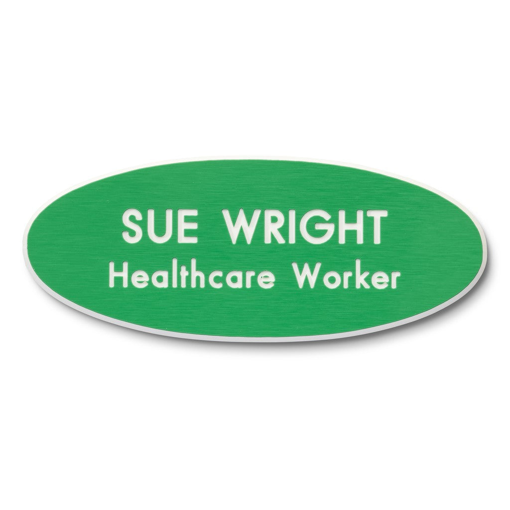 Personalised Engraved School Student Office Name Badge Oval Magnetic Green/White