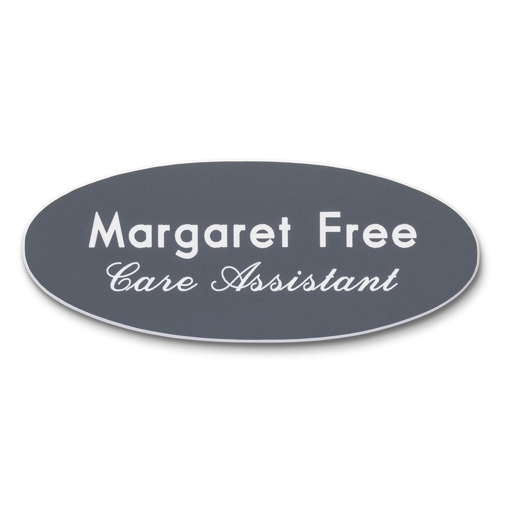 Personalised Engraved School Student Office Name Badge Oval Pin Grey/White