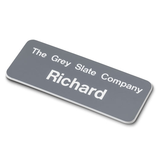 Personalised Engraved School Student Office Name Badge Pin Grey/White