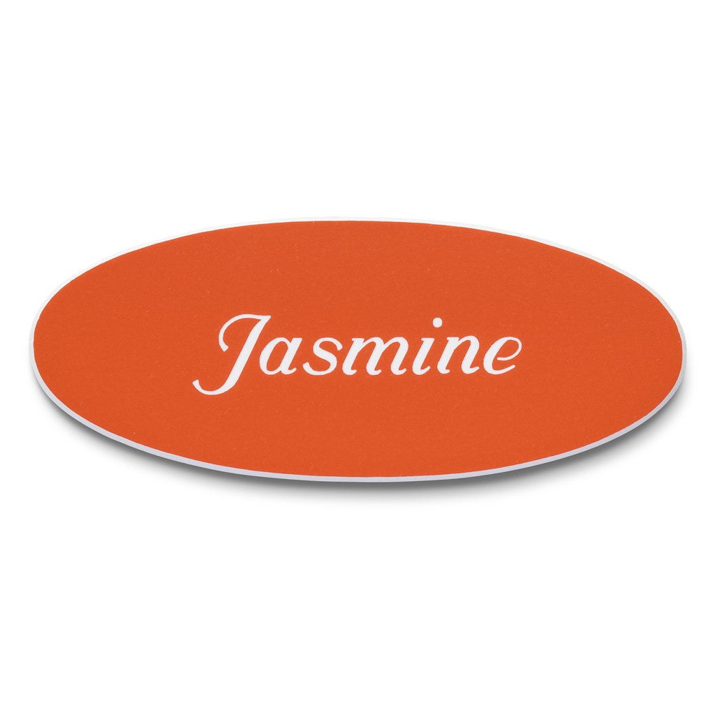 Personalised Engraved School Student Office Name Badge Oval Magnetic Orange/White