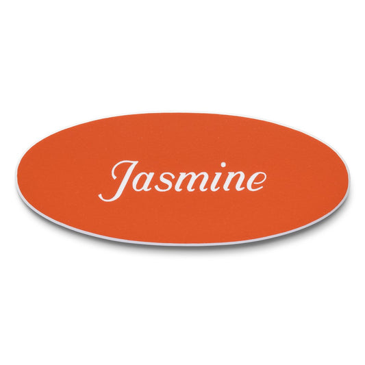 Personalised Engraved School Student Office Name Badge Oval Pin Orange/White