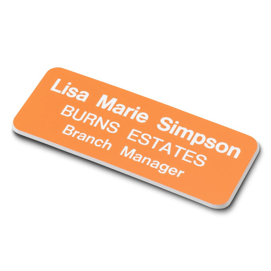 Personalised Engraved School Student Office Name Badge Magnetic Orange/White