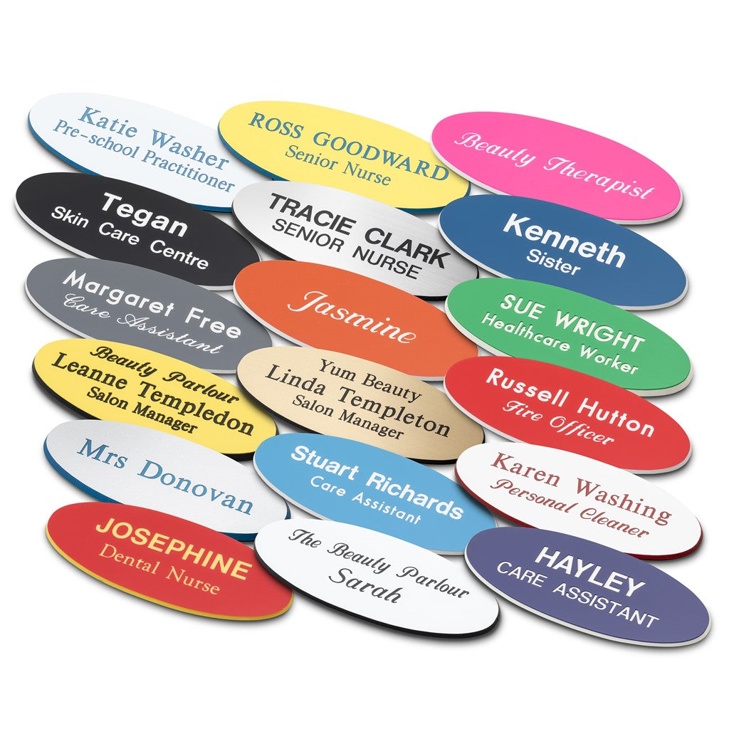 Personalised Engraved School Student Office Name Badge Oval Pin Pink/White