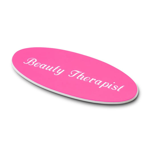 Personalised Engraved School Student Office Name Badge Oval Magnetic Pink/White