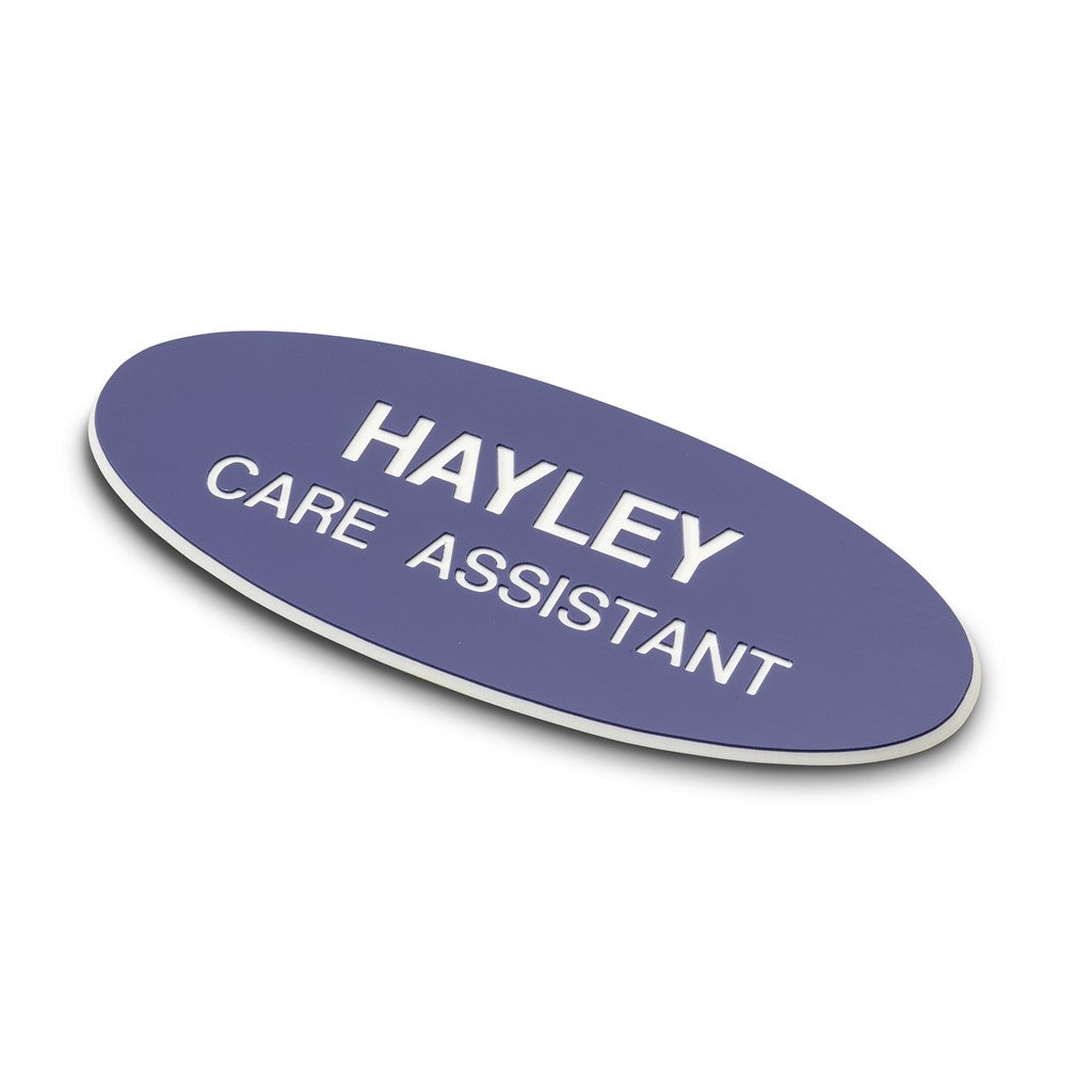 Personalised Engraved School Student Office Name Badge Oval Magnetic Purple/White