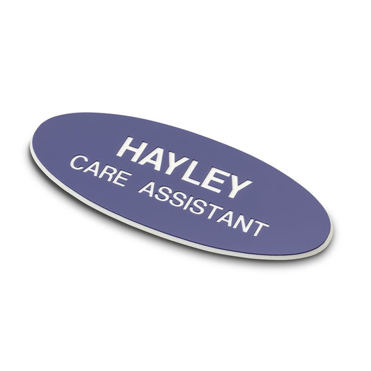 Personalised Engraved School Student Office Name Badge Oval Magnetic Purple/White