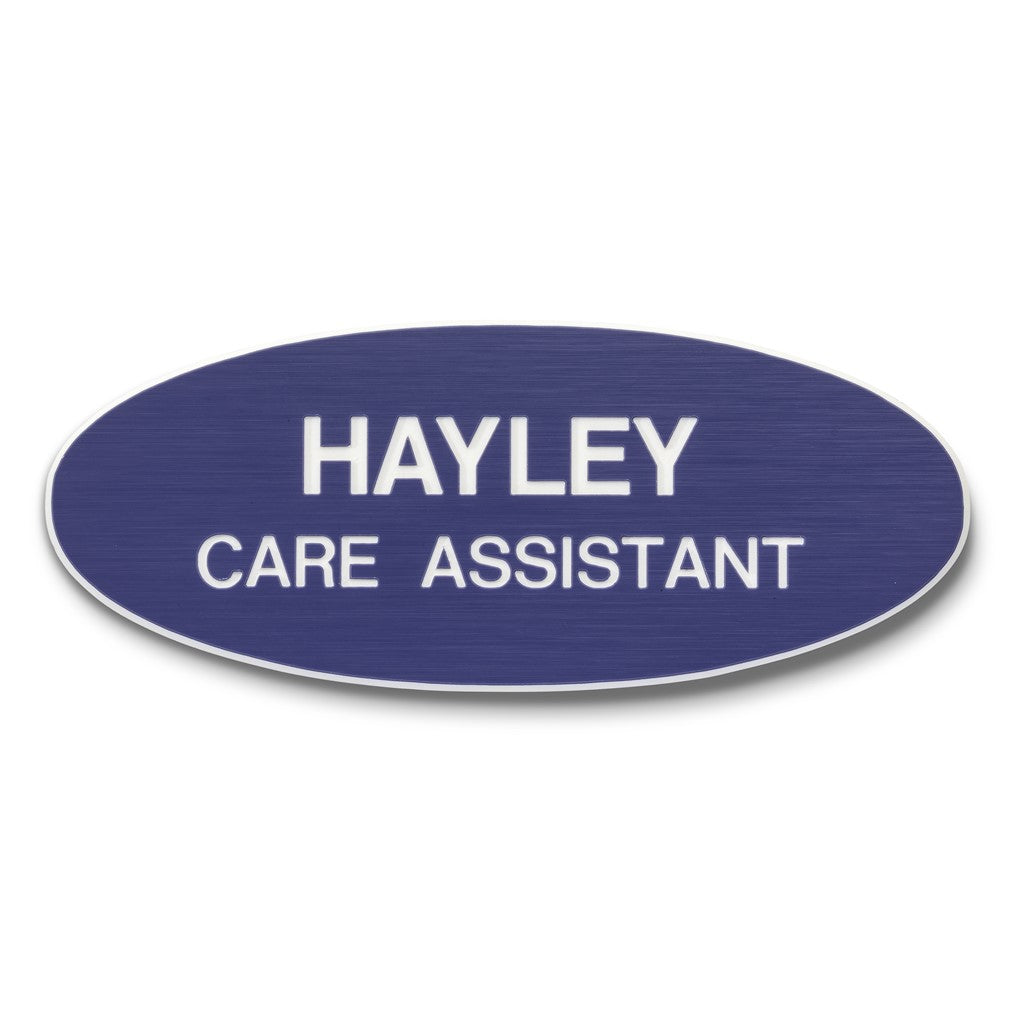 Personalised Engraved School Student Office Name Badge Oval Pin Purple/White