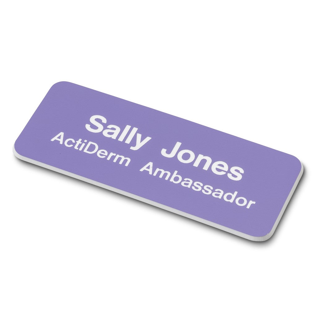 Personalised Engraved School Student Office Name Badge Magnetic Purple/White