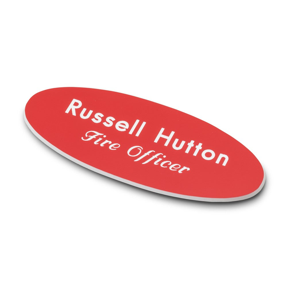 Personalised Engraved School Student Office Name Badge Oval Magnetic Red/White
