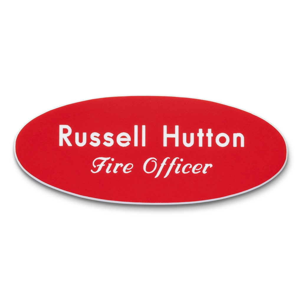 Personalised Engraved School Student Office Name Badge Oval Magnetic Red/White