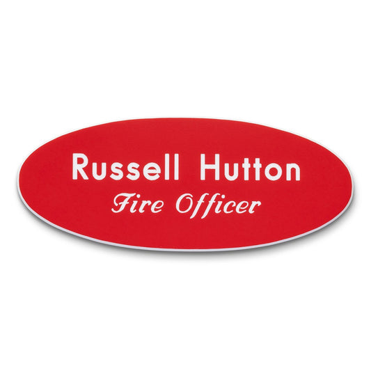 Personalised Engraved School Student Office Name Badge Oval Pin Red/White