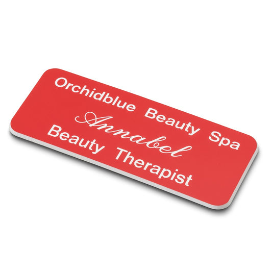 Personalised Engraved School Student Office Name Badge Magnetic Red/White