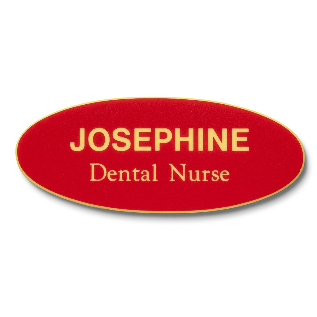 Personalised Engraved School Student Office Name Badge Oval Magnetic Red/Yellow