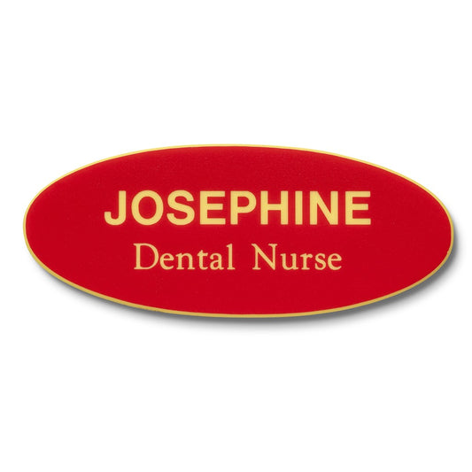 Personalised Engraved School Student Office Name Badge Oval Magnetic Red/Yellow