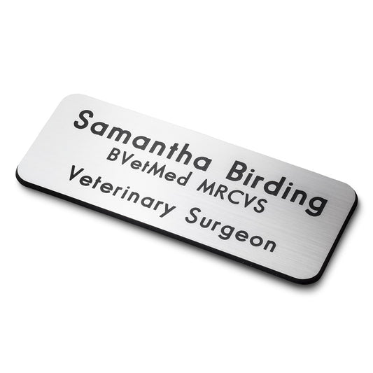 Personalised Engraved School Student Office Name Badge Magnetic Silver/Black