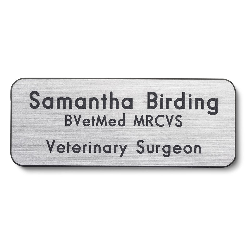 Personalised Engraved School Student Office Name Badge Pin Silver/Black