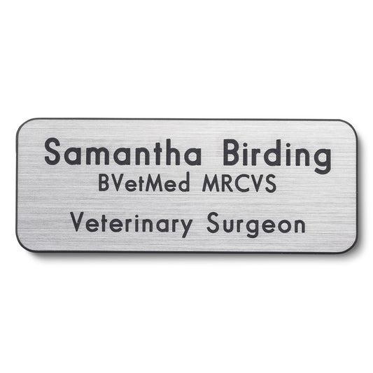 Personalised Engraved School Student Office Name Badge Pin Silver/Black