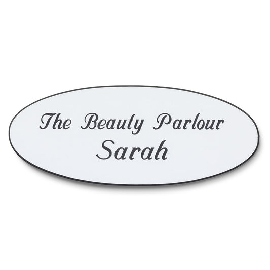 Personalised Engraved School Student Office Name Badge Oval Magnetic White/Black