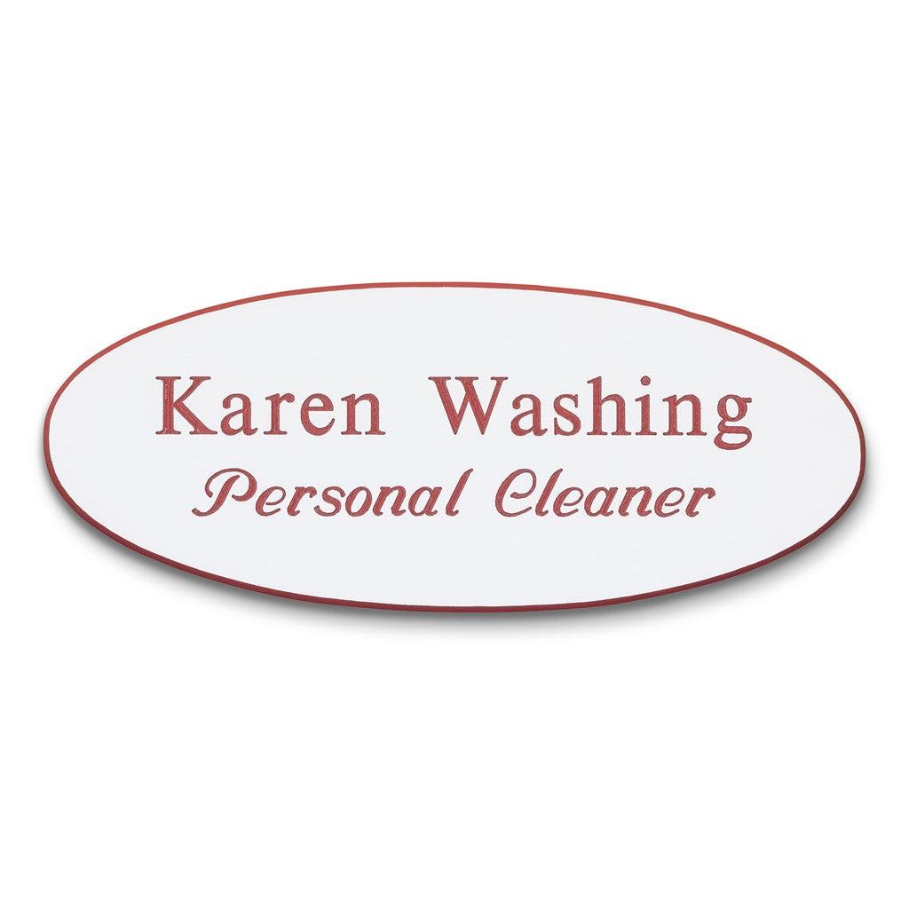 Personalised Engraved School Student Office Name Badge Oval pin White/Red