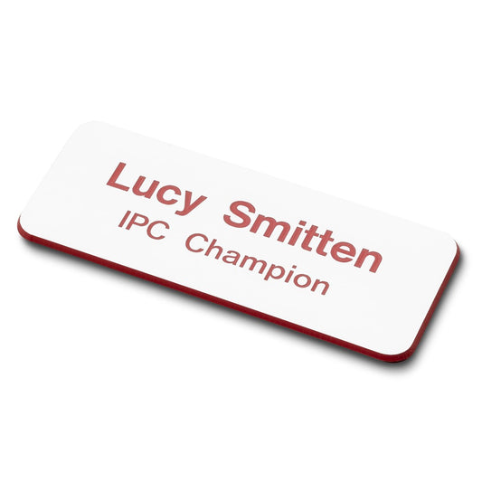 Personalised Engraved School Student Office Name Badge Magnetic White/Red
