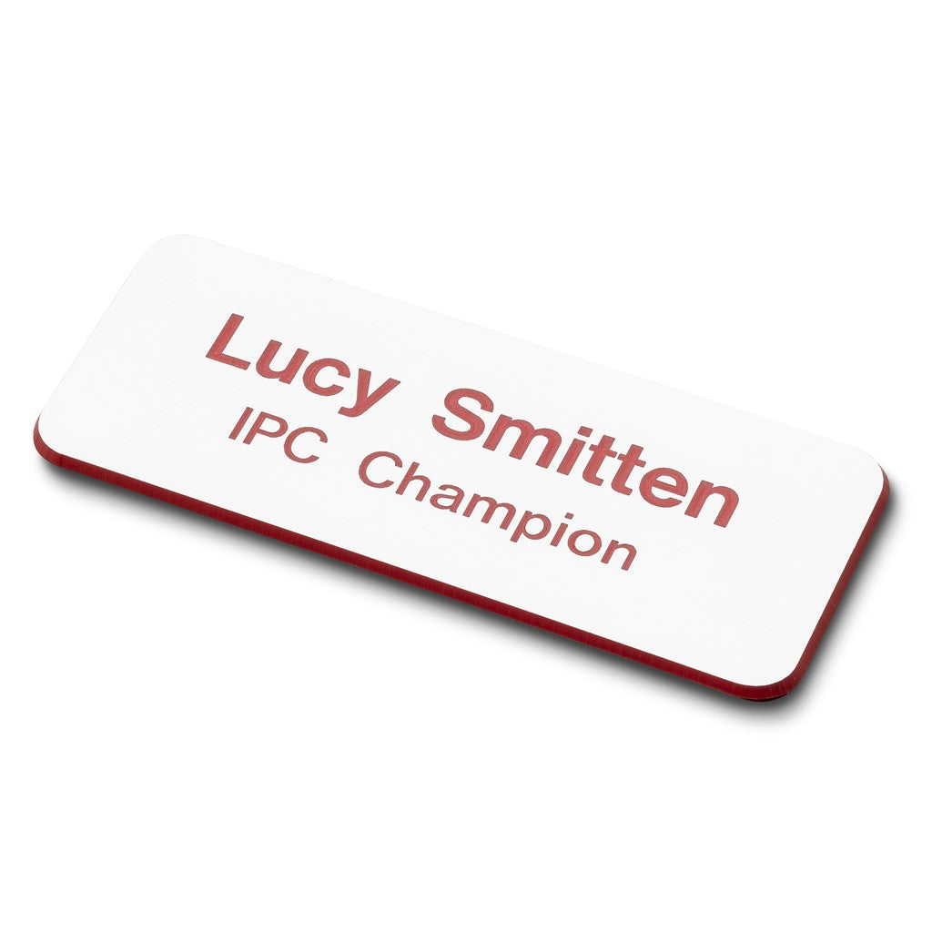 Personalised Engraved School Student Office Name Badge Pin White/Red