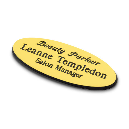 Personalised Engraved School Student Office Name Badge Oval Magnetic Yellow/Black