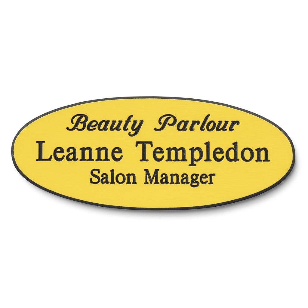 Personalised Engraved School Student Office Name Badge Oval Magnetic Yellow/Black