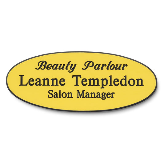 Personalised Engraved School Student Office Name Badge Oval Pin Yellow/Black