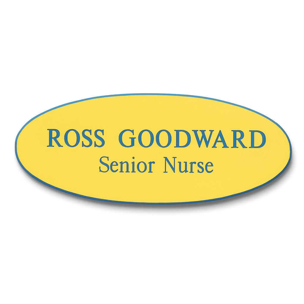 Personalised Engraved School Student Office Name Badge Oval Magnetic Yellow/Blue