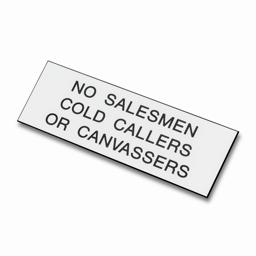 152mm x 51mm No Salesmen Cold Callers Canvassers Plaque Sign White/Black