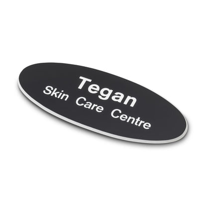 Personalised Engraved School Student Office Name Badge Oval Magnetic Black/White