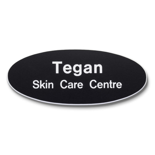 Personalised Engraved School Student Office Name Badge Oval Magnetic Black/White