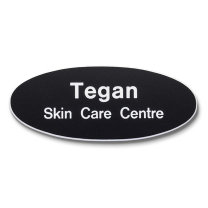 Personalised Engraved School Student Office Name Badge Oval Pin Black/White