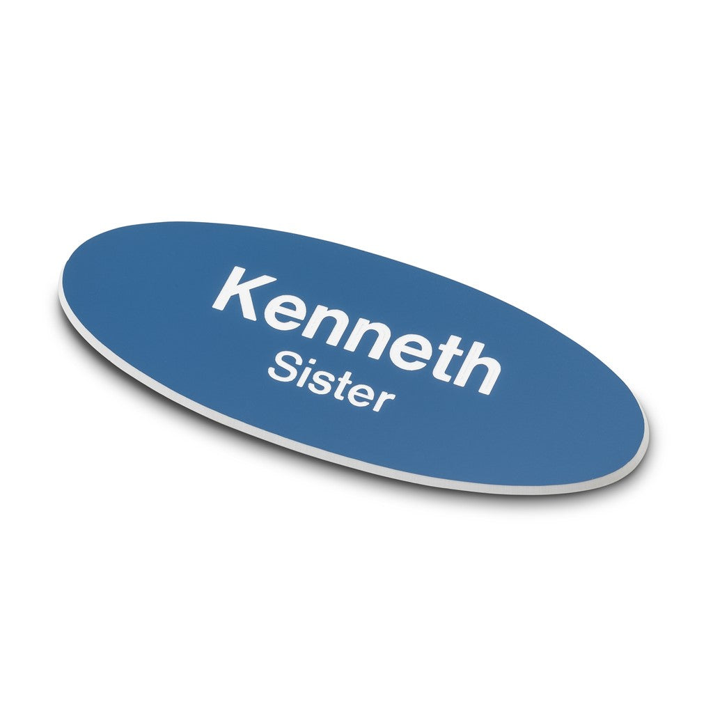 Personalised Engraved School Student Office Name Badge Oval Magnetic Blue/White