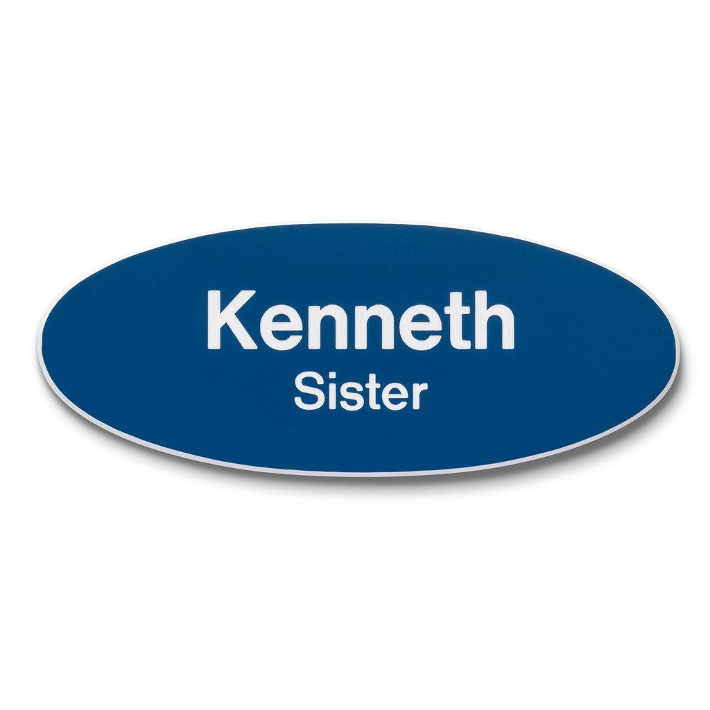 Personalised Engraved School Student Office Name Badge Oval Magnetic Blue/White