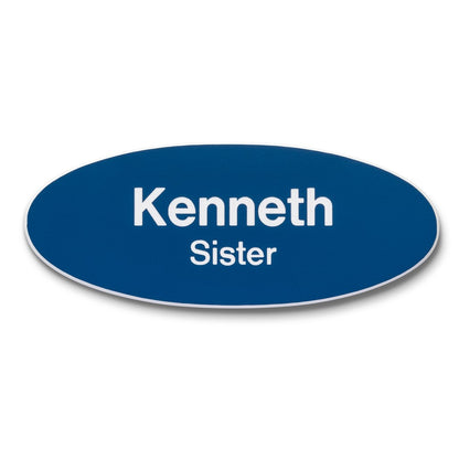 Personalised Engraved School Student Office Name Badge Oval Pin Blue/White