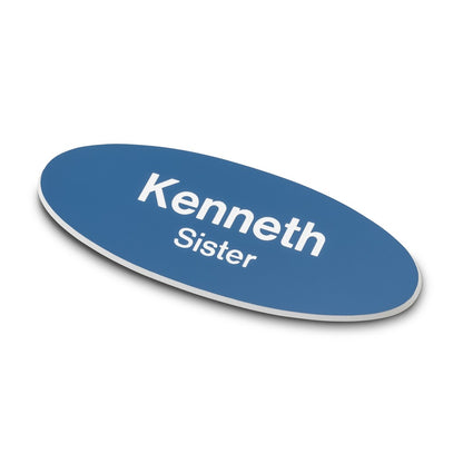 Personalised Engraved School Student Office Name Badge Oval Pin Blue/White
