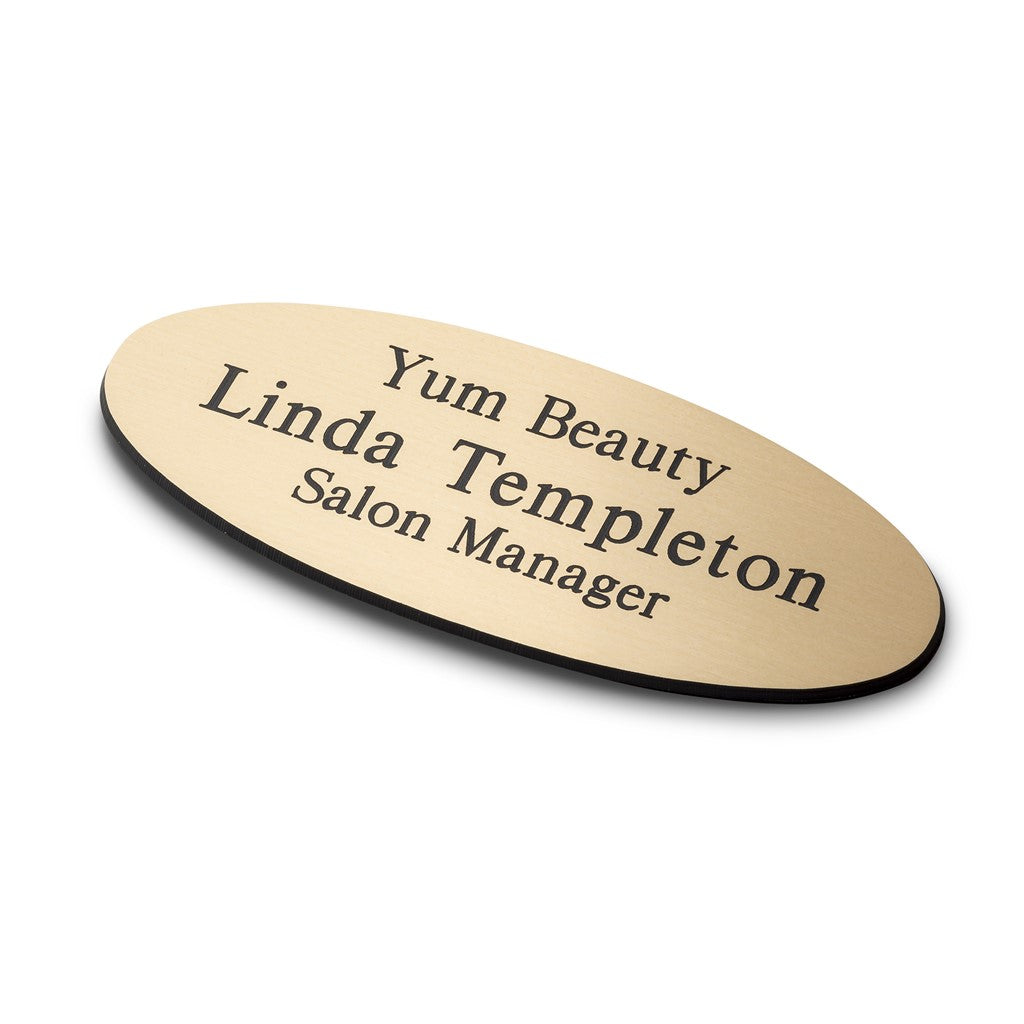 Personalised Engraved School Student Office Name Badge Oval Magnetic Gold/Black