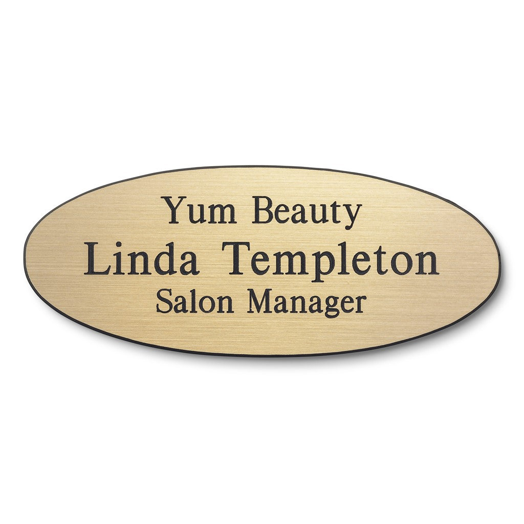 Personalised Engraved School Student Office Name Badge Oval Magnetic Gold/Black