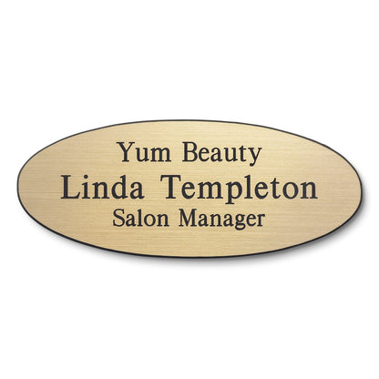 Personalised Engraved School Student Office Name Badge Oval Magnetic Gold/Black