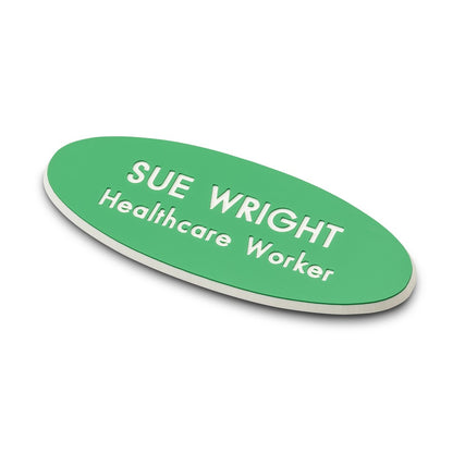 Personalised Engraved School Student Office Name Badge Oval Magnetic Green/White