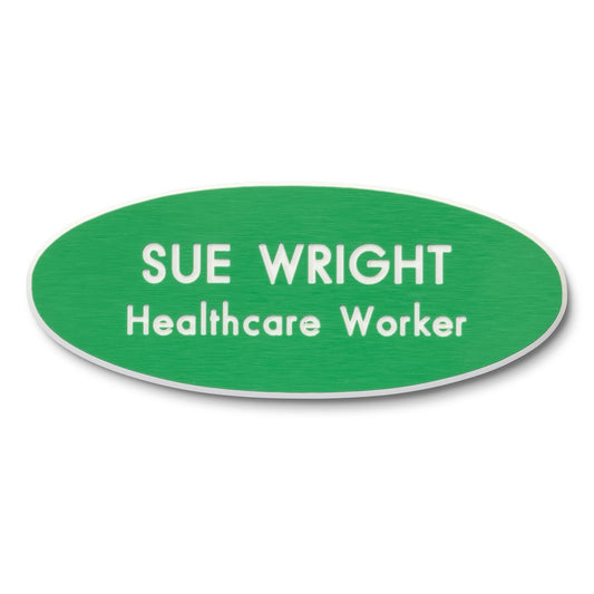 Personalised Engraved School Student Office Name Badge Oval Pin Green/White