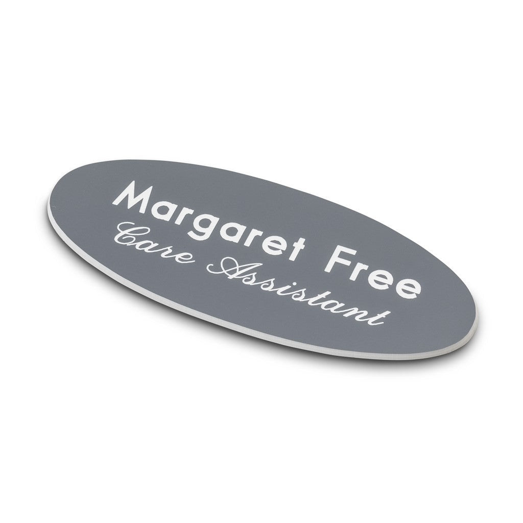 Personalised Engraved School Student Office Name Badge Oval Magnetic Grey/White